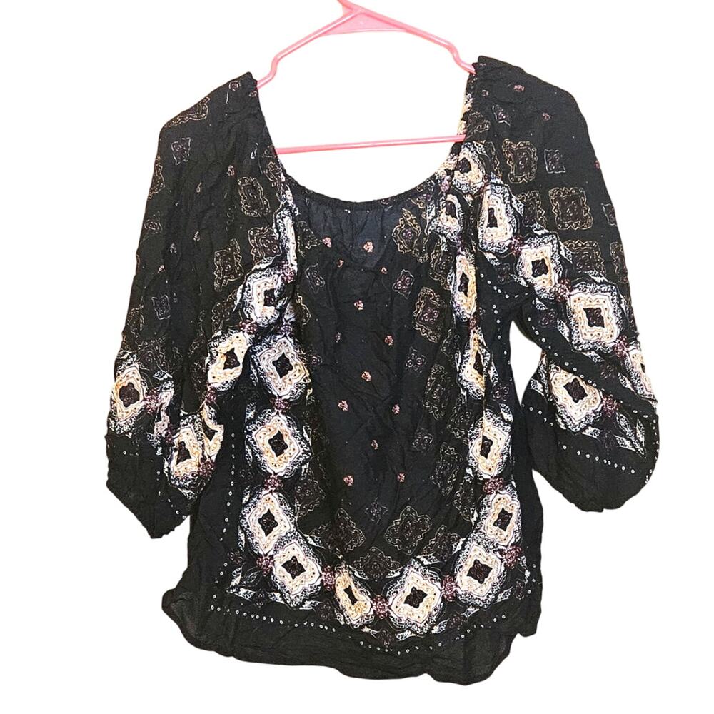 Japna Size Small S Boho Black Abstract Print Top Blouse Flowy Scoop Neck